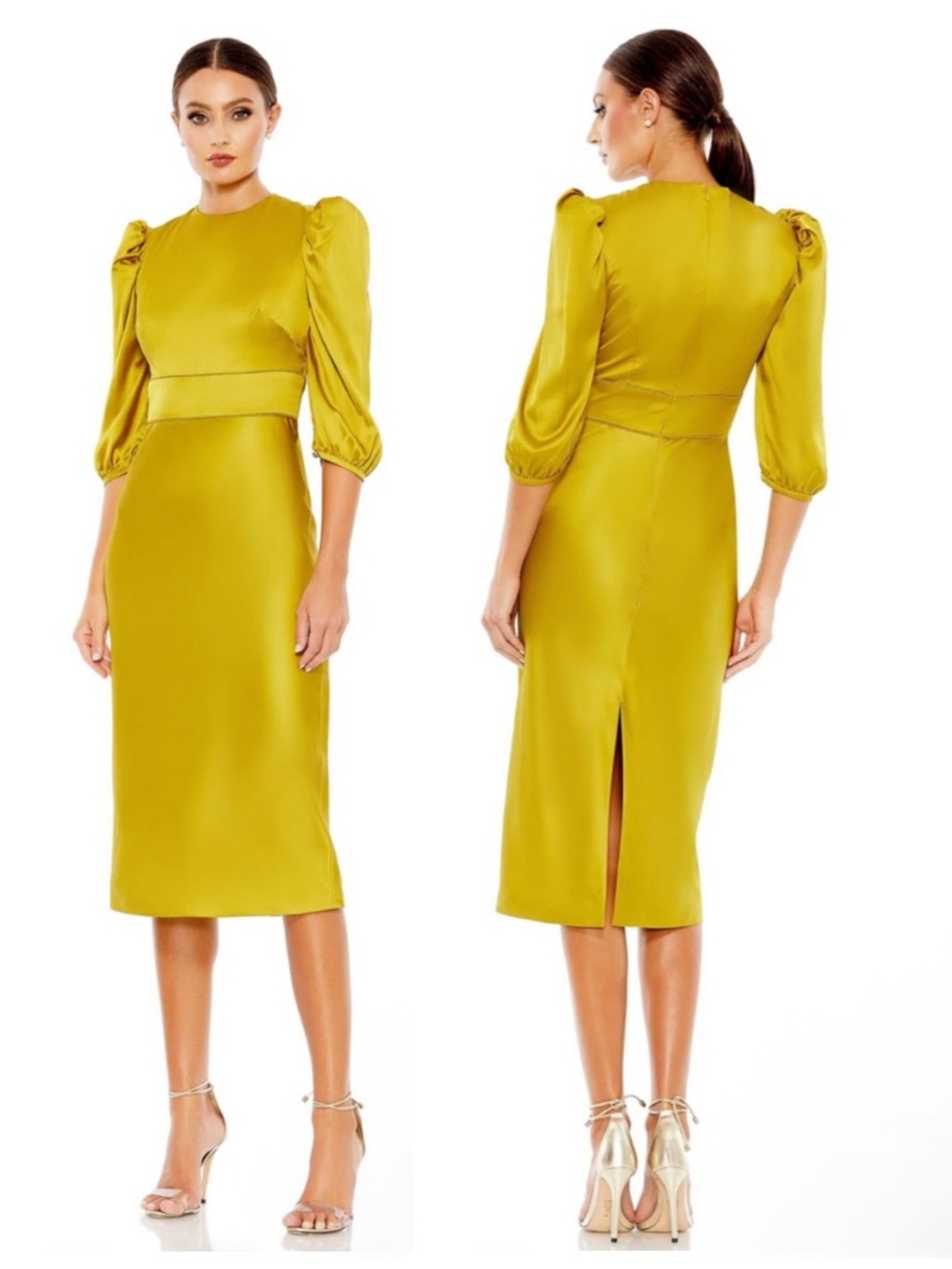 Mac Duggal Olive-Gold Satin Midi Dress with Puff Sleeves